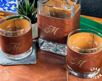 Custom Leather Decanter Set, Unique Barware Gift for Him, Whiskey Gift, Monogram Set, Groomsmen Gifts