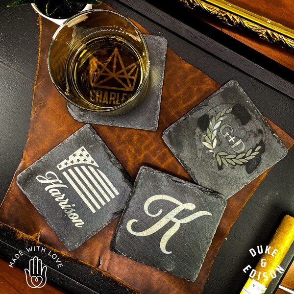 Custom Engraved Black Slate Stone Coasters with Rough Edges | Set of Four