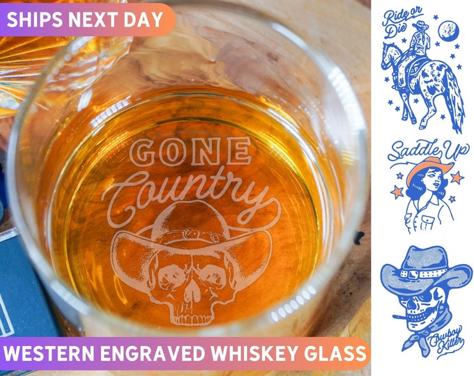 Retro Boho Western Engraved Whiskey Glass Premium Bottom Engraving for Any Special Occasion or Gift