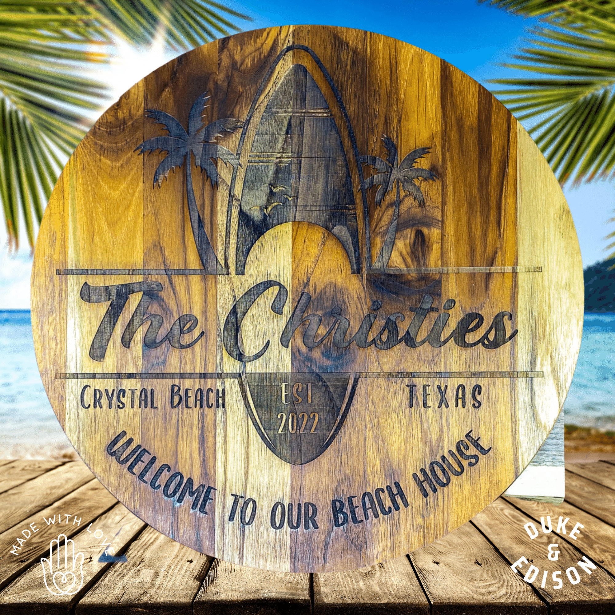 Teak Beach House Sign Personalized Round Wood Beach House Sign Etsy