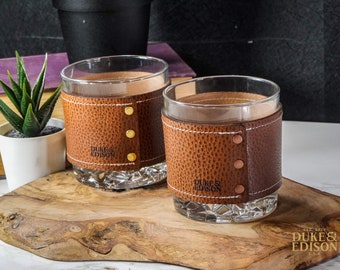 Custom Whiskey Glasses, Barware Set of two, Whiskey Brown Italian Leather, Bourbon Glasses Perfect Gift For Him