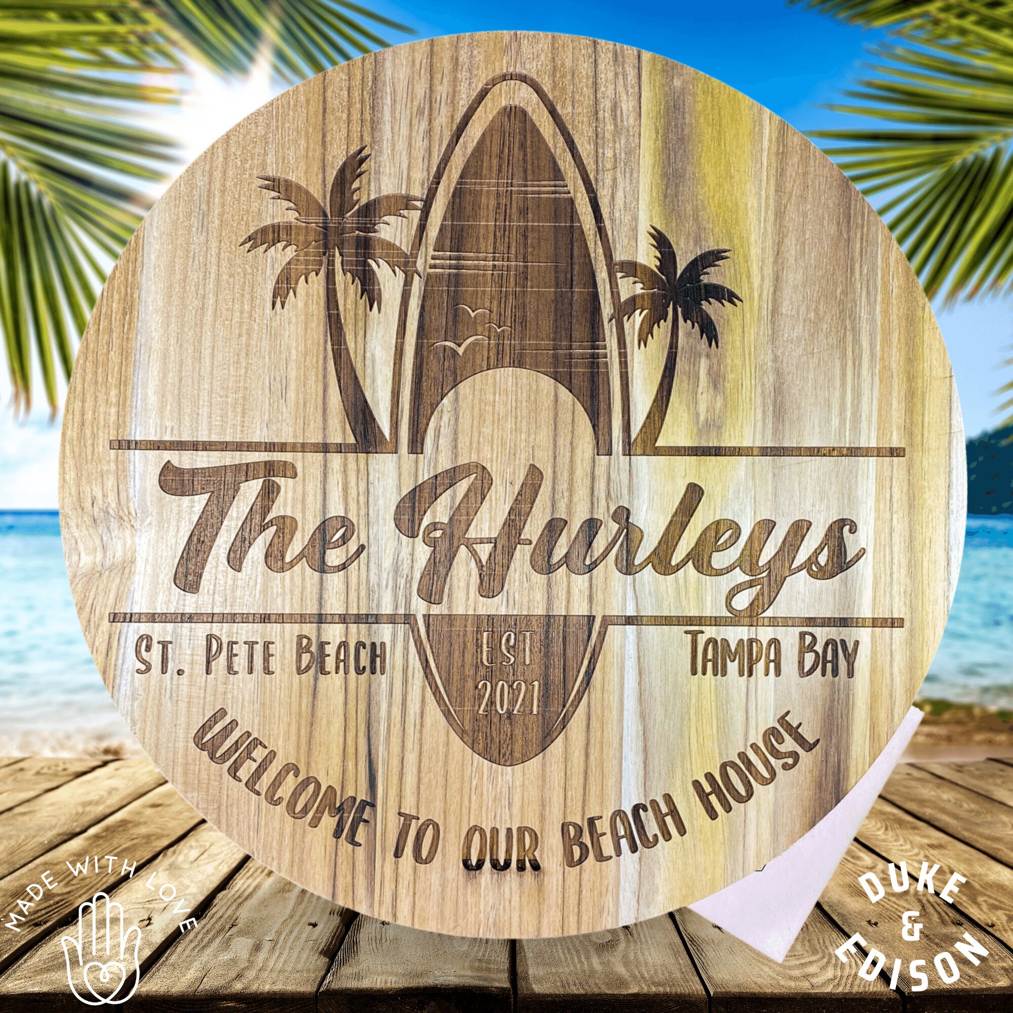 Teak Beach House Sign Personalized Round Wood Beach House Sign Etsy