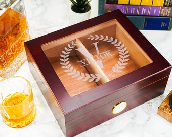 Engraved Glass Top Cigar Humidor, Personalized Cigar Box, Custom Engraved Humidor, Keepsake Box, Cigar Lover Gift