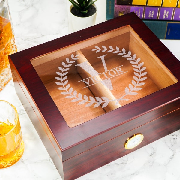 Engraved Glass Top Cigar Humidor, Personalized Cigar Box, Custom Engraved Humidor, Keepsake Box, Cigar Lover Gift