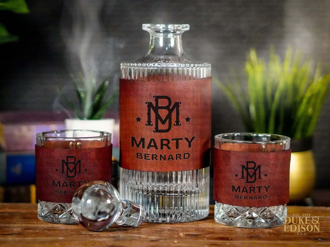 Custom Round Whiskey Decanter Set, Leather Engraved, Bourbon Lovers ...