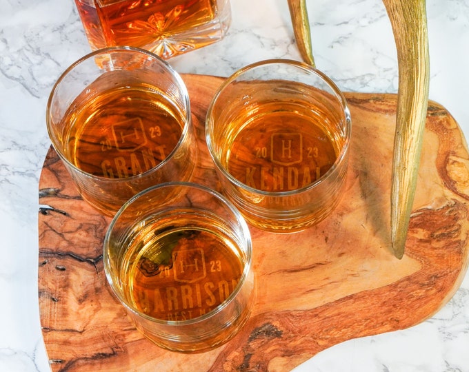 Custom Whiskey Rocks Cocktail Glasses, Etched and Engraved Monogram, Perfect Groomsman Gifts, Gifts for Men