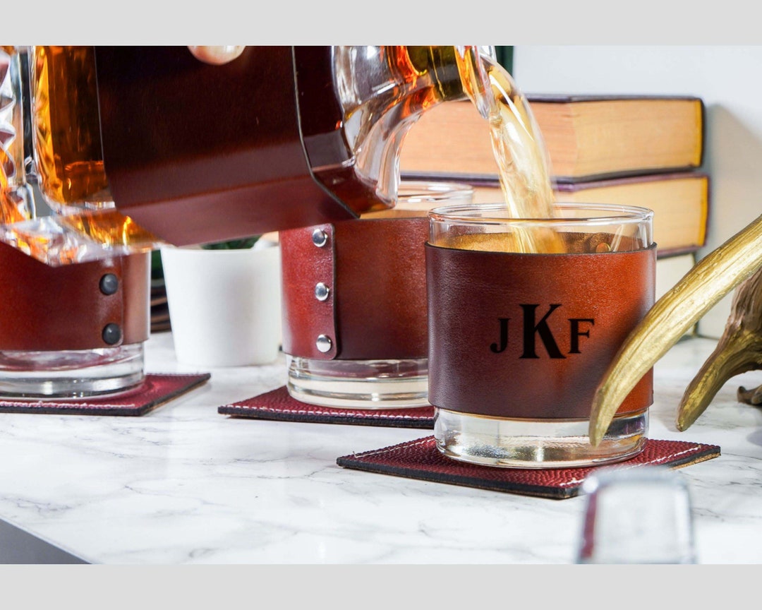 Custom Engraved Whiskey Glass Leather Wrapped, Bourbon Cocktail ...