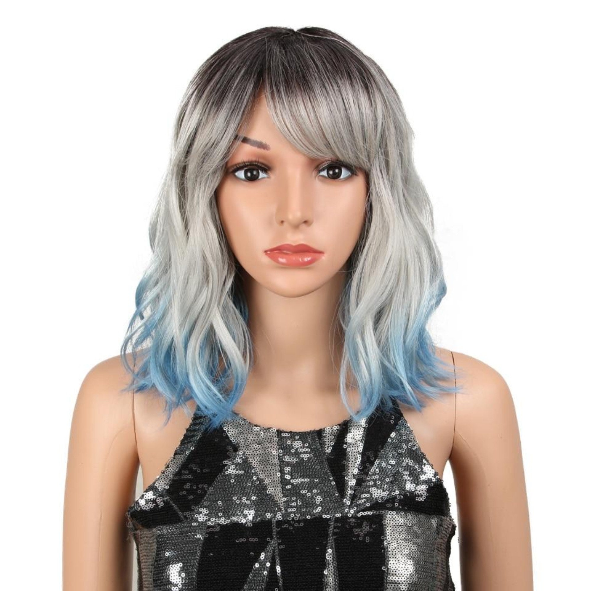 12 Inch Short Synthetic Grey Blue Wig Straight Hair Synthetic Etsy