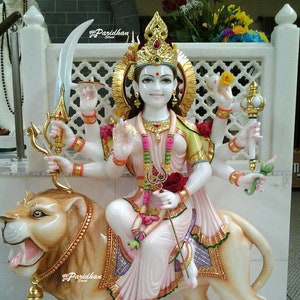 Durga Ma Idol For Home-White Painted Marble Bengali Durga-Marble Durga Maa Mahishasura mardini Murti-Durga Ma Idol-Durga Sculpture