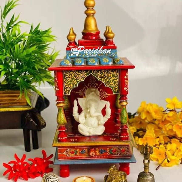 18 Inches Hand Painted Wooden Temple For Home/Office-Wooden Indian Mandir-Small Wall Hanging Temple Home Decor-Diwali Pooja Ghar