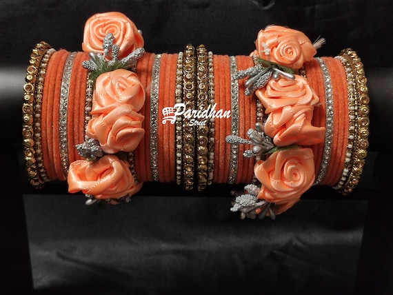 2.4 Orange Flower Bridal Bangles Set green Bangles flower Bridal