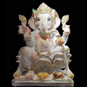 Marble Ganesh Statue For Home Mandir/Temple/Office-ganesh idols For Home-Pure white with golden outline-Ganpati Murti Sculptures-Lord ganesh