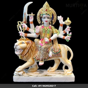 18 Inch Golden Green Durga Ma Idol with emboss For Home-White Painted Makrana Marble Bengali Durga-Marble Durga Idol-Ambe Deity-Durga Statue