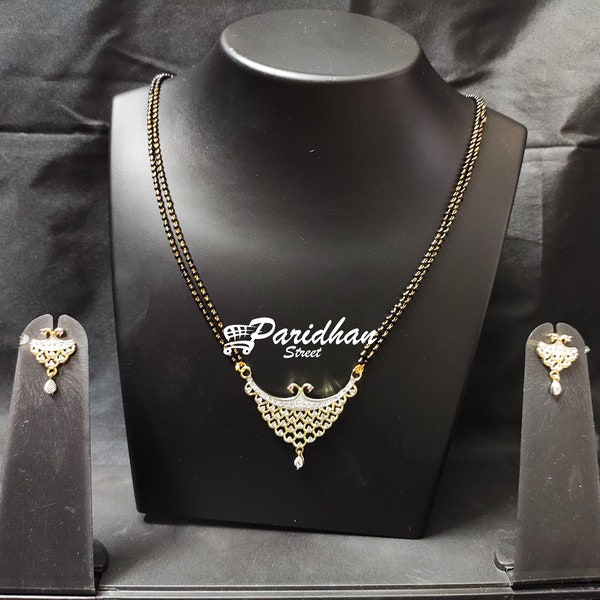 Mangalsutra américain plaqué or de diamant avec des boucles d’oreilles-Mangalsutra pour des femmes-collier de Mangalsutra-collier indien de perle noire-ensemble de Nallapusalu