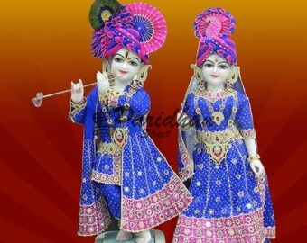Mármol ISKCON Deidades Radha y Krishna Estatua-Makarana Par de mármol de Radha Krishna Moorti para el hogar Mandir & Oficina-Deidad Krishna Radha