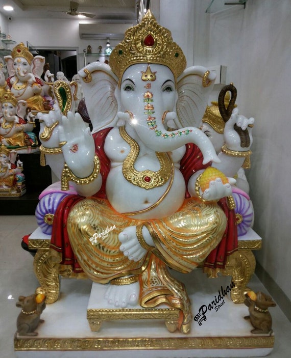 Marble Ganesh Statue For Home Mandir/Temple/Office-ganesh idols For  Home-Golden Dhoti Ganesha-Ganpati Murti Sculptures-Lord ganesha Statue