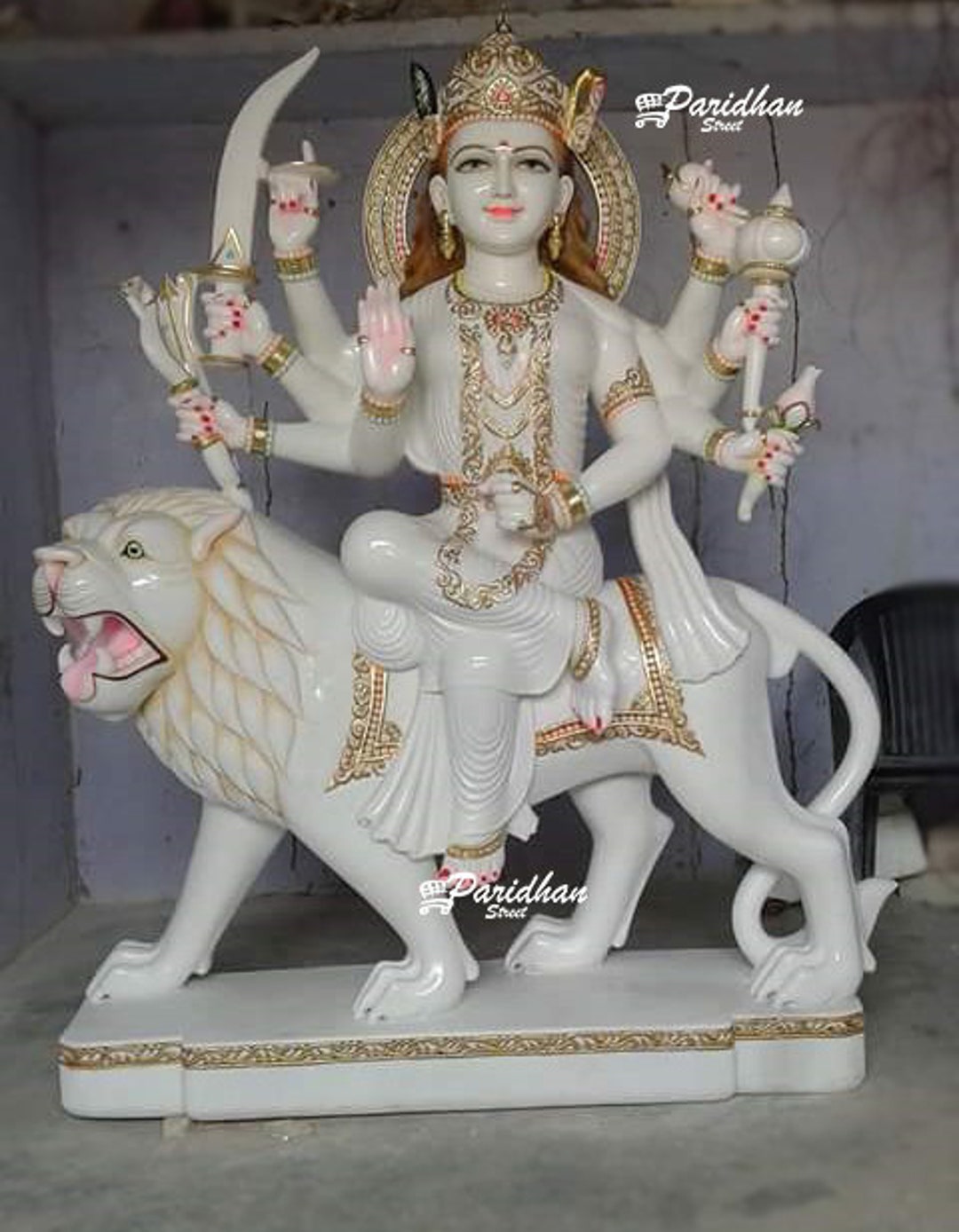 Pure White Makraana Marble Durga Ma Idol for Homewhite Painted Marble