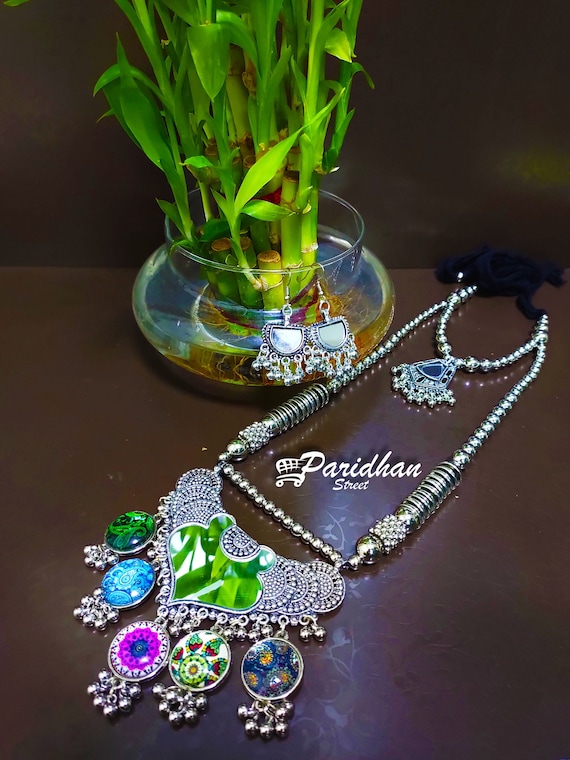 Trendy Designer Navratri Special Multi Colour Traditional Jewelry Mirror Work With Gems Stone Women Necklace Set Silver Oxidized Jewellery