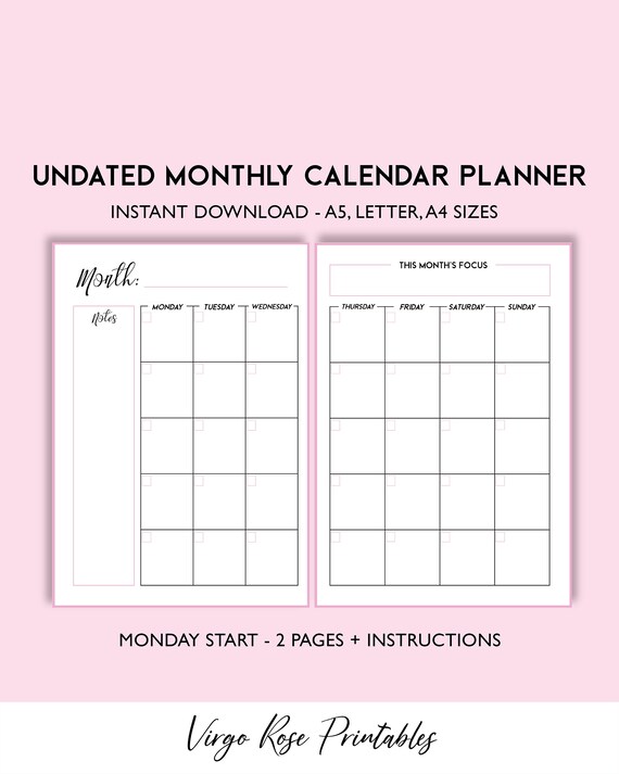 Undated Monthly Calendar Planner Printable Monday Start | Etsy