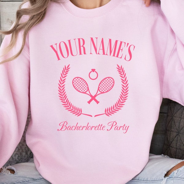 Personalisierte Bachelorette Crewneck, Kapuzenpullover für Brautjungfern, Braut Shirt, Charleston Junggesellinnenabschied, Country Club Bach, Tennisclub Braut