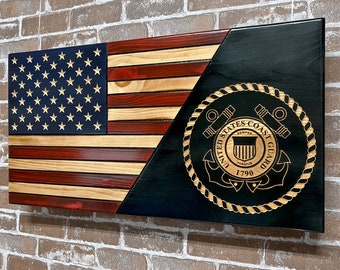 Coast Guard Flag, Split USA Flag with Seal,  Patriotic, Dad, Son, Wedding Gift, Graduation, Wooden American flag wall art