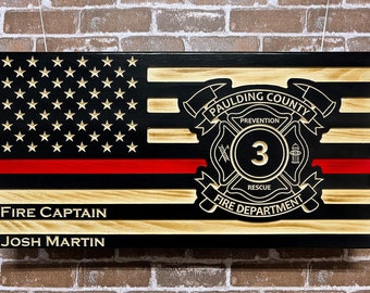 Firefighter Personalized Carved Wooden Logo American Flag with Thin red line,  Promotion, Retirement, Firemen, Wooden American flag wall art