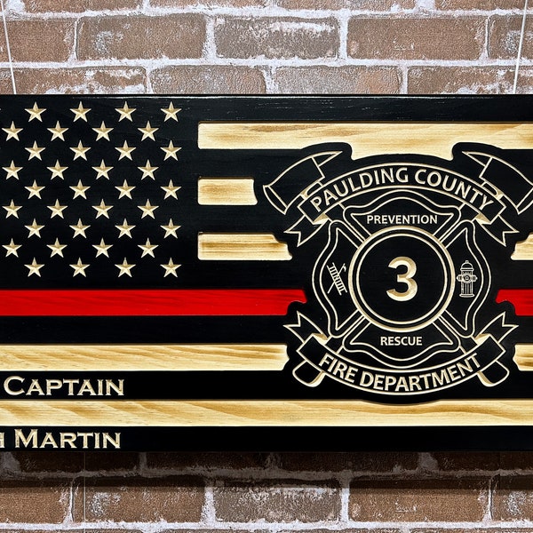 Firefighter Personalized Carved Wooden Logo American Flag with Thin red line,  Promotion, Retirement, Firemen, Wooden American flag wall art