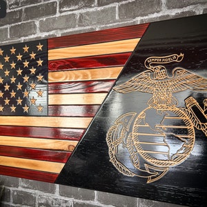 USMC Wooden Flag - Eagle Globe Anchor (Licensed), Marine Corps, Charred American Flag, Patriotic, Dad, Son, Wedding Gift, Graduation, EGA