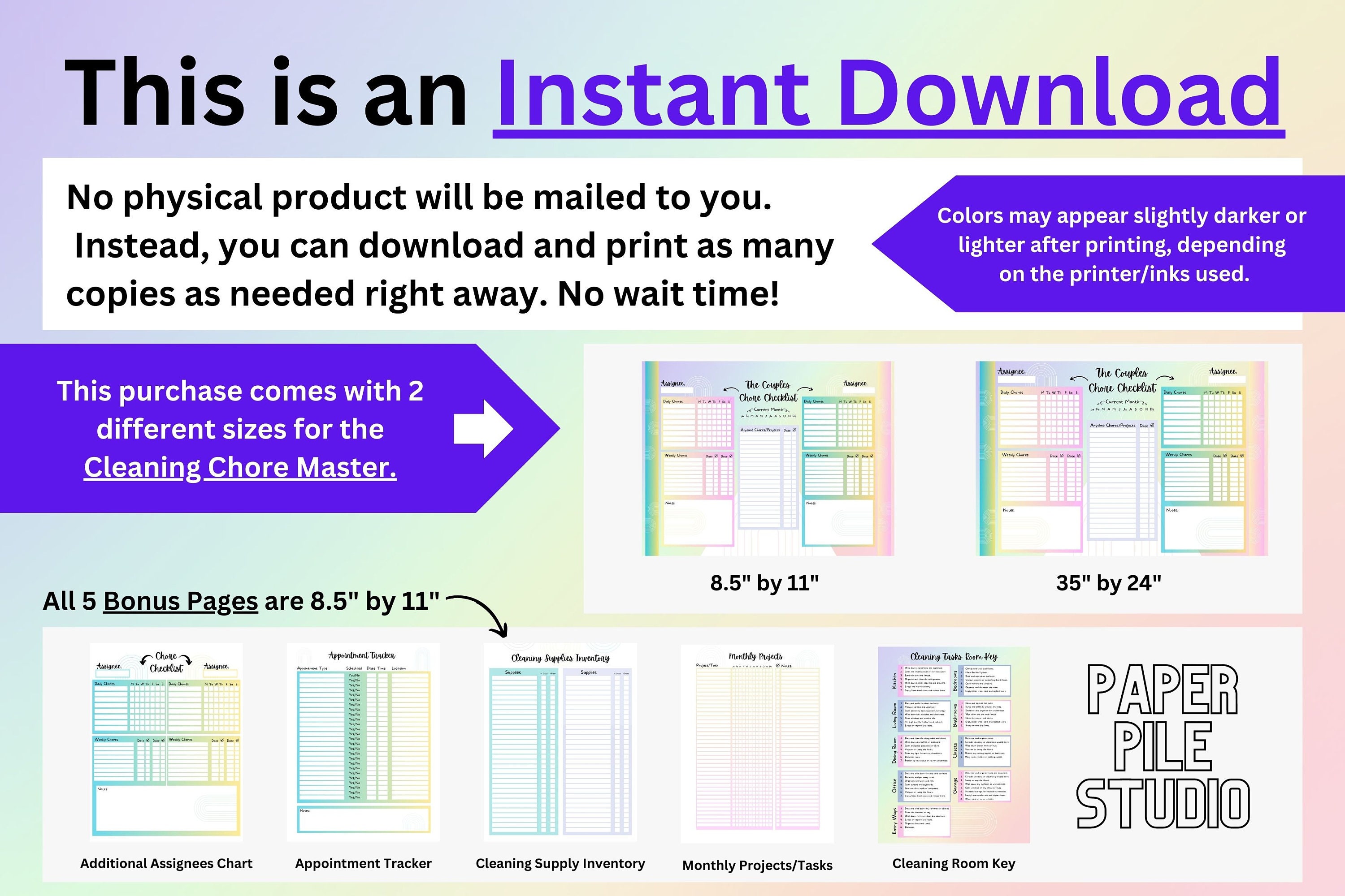 Printable Couple Chores Cleaning Checklist Rainbow Theme | House or ...