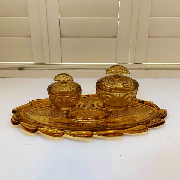 Art Deco Bagleys amber glass 4 piece dressing table/vanity set