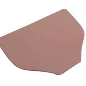 May include: A light pink plastic spatula with a rounded edge and a slightly curved handle.
