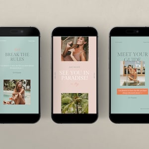 Puede incluir: Cinco pantallas de teléfono inteligente con diferentes imágenes y texto. La primera pantalla muestra una foto de flores y el texto "10 RECIPES". La segunda pantalla muestra una foto de una mujer en una piscina y el texto "BREAK THE RULES". La tercera pantalla muestra una foto de una mujer en un entorno tropical y el texto "SEE YOU IN PARADISE!" La cuarta pantalla muestra una foto de una mujer en una piscina y el texto "MEET YOUR GUIDE". La quinta pantalla muestra una foto de una mujer en un entorno tropical y el texto "WHATS INSIDE".