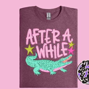 May include: A maroon t-shirt featuring the text "AFTER A WHILE" in pink, with a turquoise alligator and yellow and pink stars. The shirt has a crew neck and a tag visible at the neckline.
