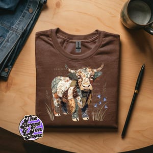 Patchwork Highland Cow T-Shirt: Boho Farmhouse Style Apparel