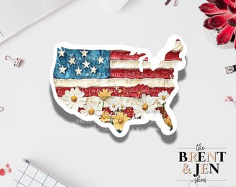 USA Floral Rustic Map, Sticker or Car Decal