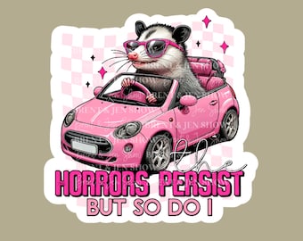Cute Opossum Sticker, Driving Pink Car, Waterproof Vinyl Decal