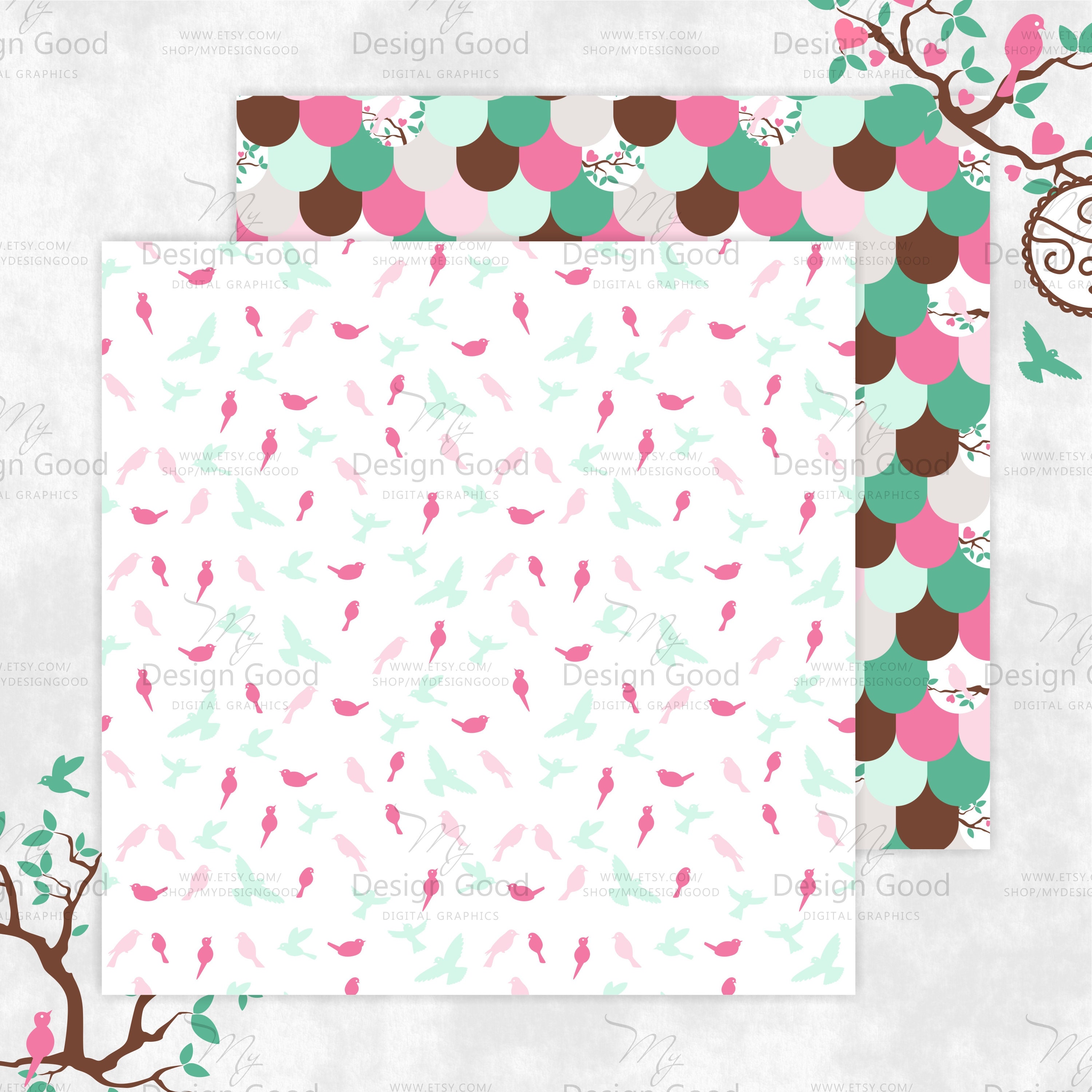 Birds in the Garden Digital Paper Pack. Pink Birds on Trees. - Etsy