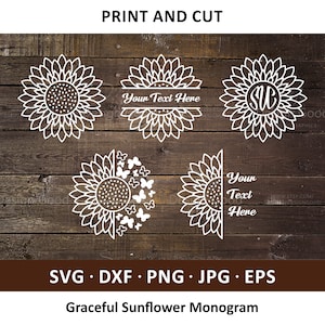 Sonnenblumen-Monogramm SVG. Anmutige Bundle eine Farbe Cut File. Herbst Dekor, Zitat Clipart, Design Cricut, Silhouette Cameo, png, dfx, jpg, EPS