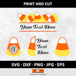 May include: A digital download of a Halloween candy corn monogram design. The design features a candy corn with a space for a monogram in the centre. The text "Your Text Here" is displayed above the candy corn. The text "Candy corn monogram" is displayed below the candy corn.