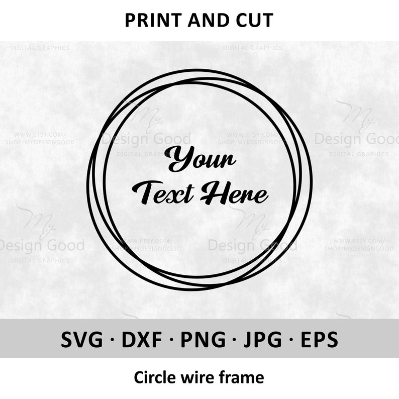 May include: A black and white circle wire frame with the text "Your Text Here" inside. The frame is made of two concentric circles with a gap between them.