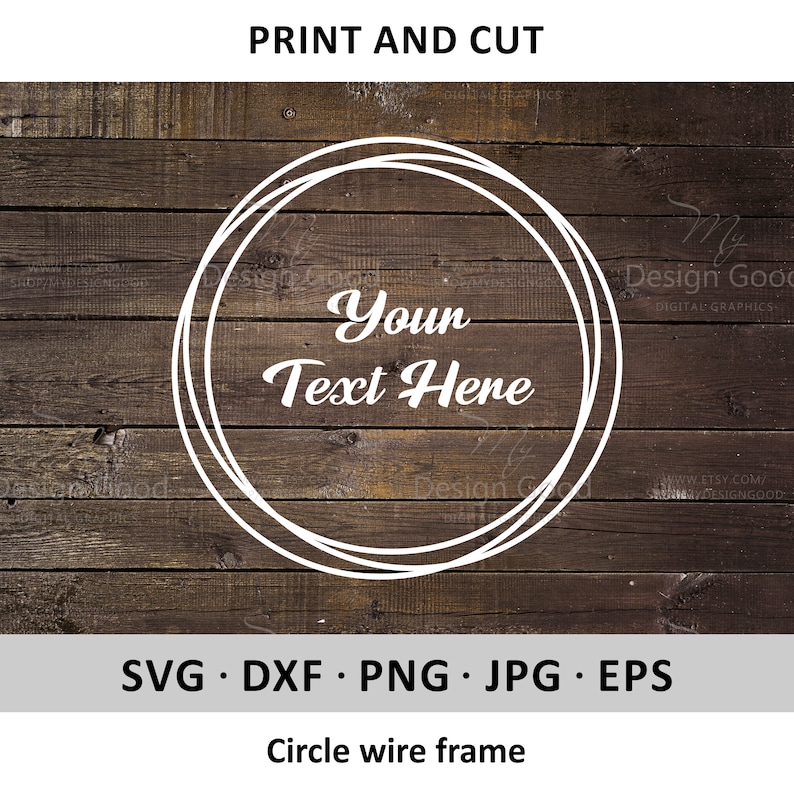 May include: A white circle wire frame on a brown wood background. The text "Your Text Here" is inside the frame.