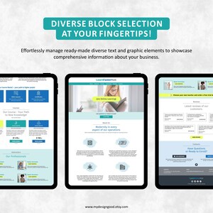 May include: Three screenshots of a website for an online learning platform. The website features a blue and green color scheme with a variety of text and graphic elements. The website includes information about the courses offered, the instructors, and the benefits of online learning. The website also includes a section for customer reviews and testimonials.