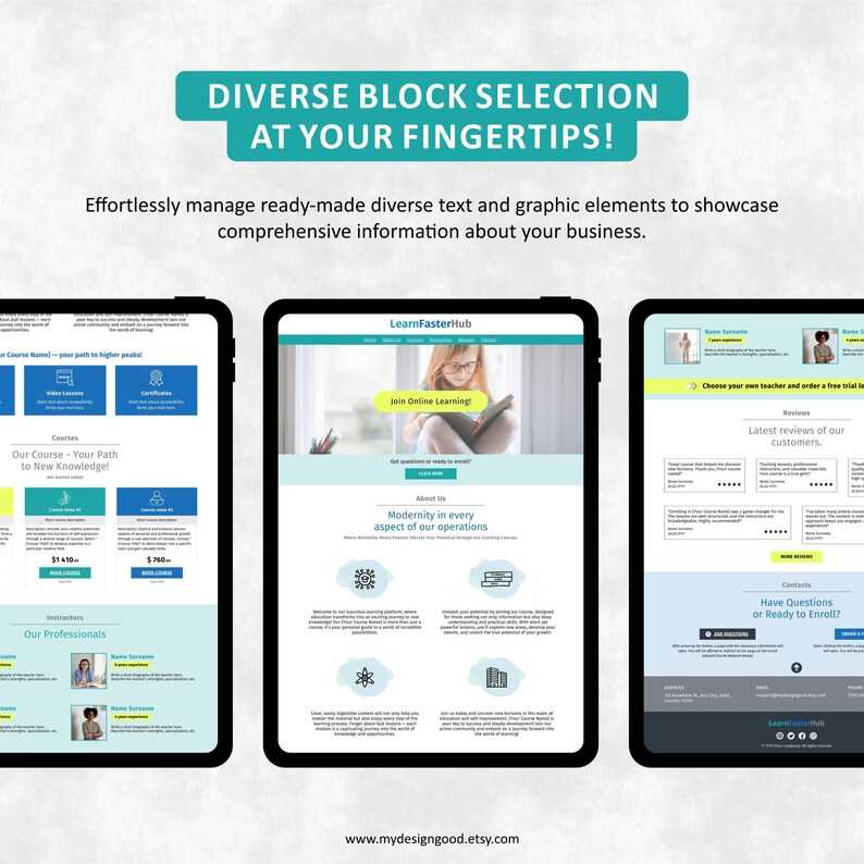 May include: Three screenshots of a website for an online learning platform. The website features a blue and green color scheme with a variety of text and graphic elements. The website includes information about the courses offered, the instructors, and the benefits of online learning. The website also includes a section for customer reviews and testimonials.