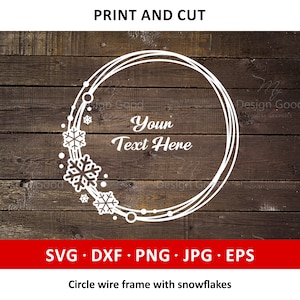 May include: White circle wire frame with snowflakes on a brown wood background. The text "Your Text Here" is inside the frame.