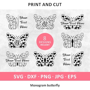 Monograma de borboleta SVG. Pacote de monograma svg, borboleta com corações svg. Clipart de casamento eps. Decalque, silhueta, arquivo de corte, Cricut, Glowforge.