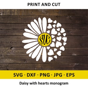 Daisy monogram SVG, madeliefje met hart gesneden bestand, mooie bloem clipart svg, ontwerp harten, citaat. Cricut, Silhouette cameo, png, dxf, jpg, eps