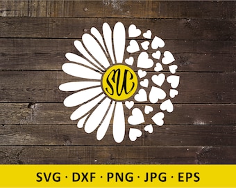 Daisy Monogram SVG, Daisy with Hearts Cut File, Nice Flower clipart svg, Design Hearts, Quote. Cricut, Silhouette Cameo, png, dxf, jpg, EPS