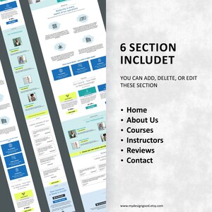 May include: A website mockup for an online course platform. The website has six sections: Home, About Us, Courses, Instructors, Reviews, and Contact. The website is designed in a modern style with a blue and white color scheme.