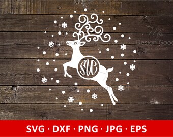 Deer Monogram svg. Christmas Deer with snowflakes svg, Deer split Monogram svg. Clipart Christmas frame SVG. DIY, Silhouette Cut file Cricut