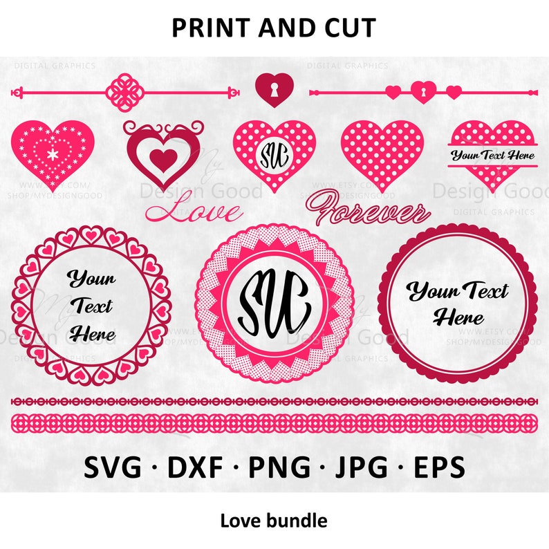 Cricut Laser Cut file Hearts monogram svg dxf Valentine/'s Day SVG Bundle love Clipart Frame Love Forever Silhouette one color DIY eps